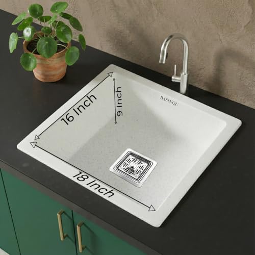 Image of BASINQU Quartz Sink for Kitchen | 18x16x9 Inches Sand-Pluto Single Bowl Kitchen Sink | Granite UV Protected, Granite Scratch Resistant, Undermount /Topmount