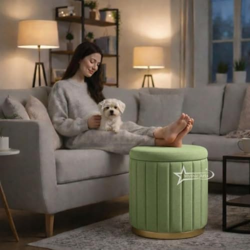 Image of Round Strip Stool with Cushion Foot Rest Office Stool Pouf Ottoman Padded Seat in Living Room (Pista Green)