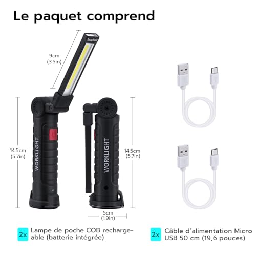 Tolesum Lampe de Travail, Rechargeable COB Baladeuse LED Ultra Lumineuse avec Base Magnétique, 5 Modes, pour Garage, Camping, d'urgence, etc - 2 Pièces - Grand – vue 9