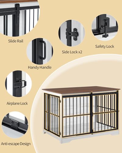Hzuaneri 44.1" XL Dog Crate Furniture Indoor Dog Kennel with Barn Door | Wooden Dog Crates Furniture, Heavy Duty Dog Crate, Decorative Pet House End Side Table for Large Dogs, White Brown DFC80114B - Image 6