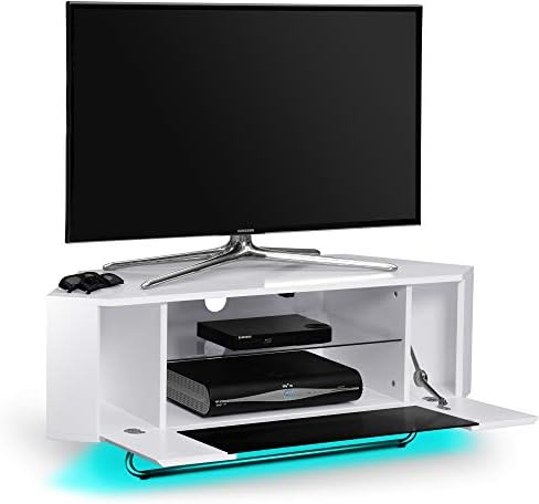 Centurion Supports Hampshire Corner-Friendly Gloss White with Black Beam-Thru Remote Friendly Door 26"-50" Flat Screen TV Cabinet with 16 Colour LED Lights