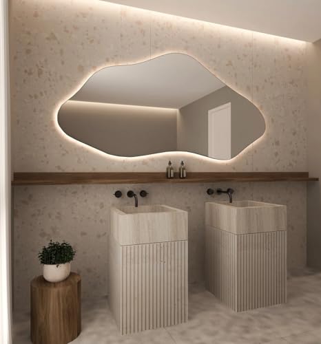 KT WALL ART Asymmetrical Bathroom LED Mirror, Modern Irregular Shape Wall Mirror with LED Lights, Frameless Aesthetic Backlit LED Illimunated Vanity Mirror (20" x 10" inc) - Image 7