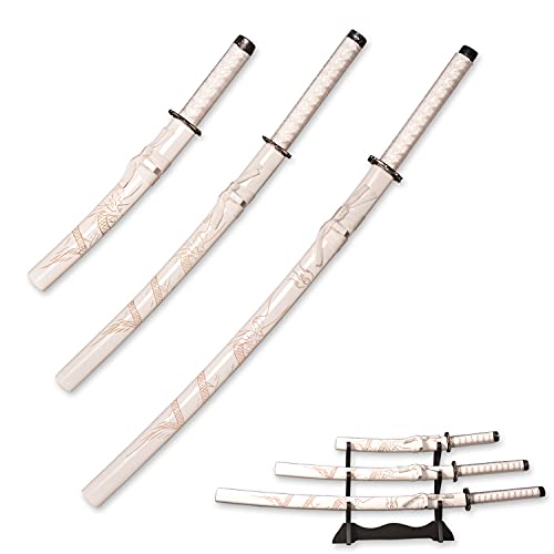 3pc Set Japanese Samurai Sword with Display Stand,Iaido Katana Engraved with Dragon Pattern On The Scabbard
