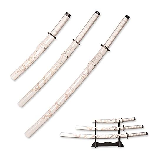 3pc Set Japanese Samurai Sword with Display Stand,Iaido Katana Engraved with Dragon Pattern On The Scabbard