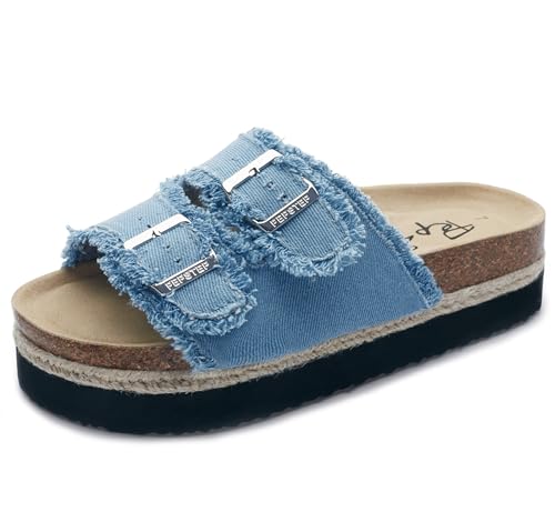 Image of PepStep Slide Sandals for Women with Soft Cork Footbed and Strap, Ladies Fashion Platform Slide Sandals Comfortable Slip On Style