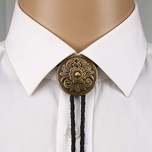 Xinqida Vintage Bolo Tie Round Alloy Flower With Handmade Leather Rope Western Cowboy Bolo Tie For Men Necktie,Bronze, Large #TOP2