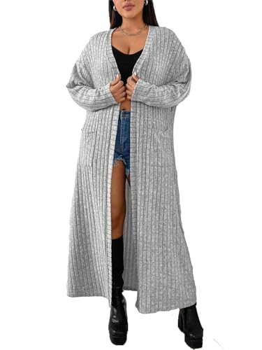 Women's Long Striped Cardigan Sweater, Long Open Design, Gray Knitted Fabric, Long Sleeves.