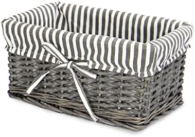 Grey Wicker Basket | Striped Lining Included | Bathroom, Home & Laundry Storage | Wooden Organiser | Decorative Hamper & Shelf Basket | M&W