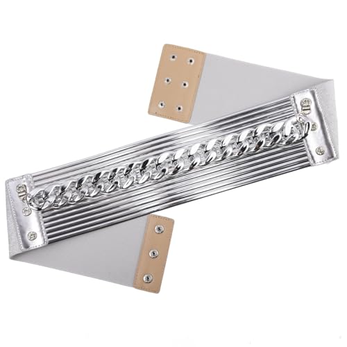 Plus Size Women Rhinestones Stretch Belt with Chain Wide Bling Waistband for Dress Vintage Cummerbands4