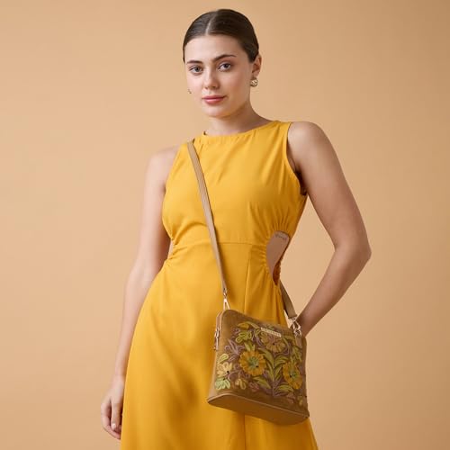 Image of Caprese Siji Tresana Small Crossbody Bag for Women | Kashida Embroidery Sling with Adjustable & Detachable Strap, Secured Zip Closure | Stylish & Spacious Handbag for Everyday Use & Travel
