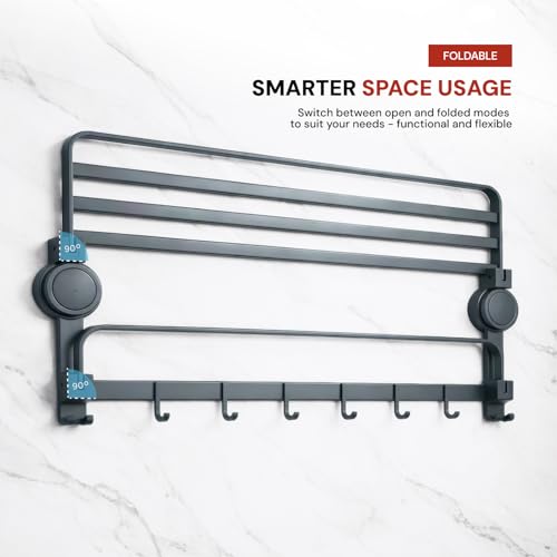 Image of Amazon Basics Suction Towel Rack for Bathroom | Rustproof Wall - Mounted Towel Holder with Hooks | Strong Vacuum Grip, No Drilling Required Grey