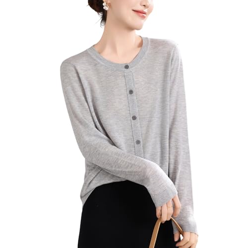 Image of Women's 100% Merino Wool Crew Neck Cardigan Sweater Top Long Sleeve Button Down 2025