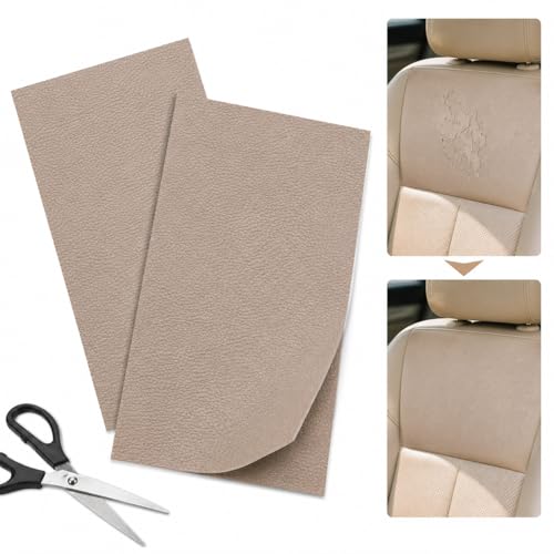 Wbshyy 2PCS 8×4 Inch PU Leather Patch for Car Seat Repair, Self-Adhesive Leather Repair Patch Tape for Vinyl Leather Upholstery, Car Seat Furniture Repair Kit (Khaki)