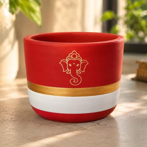 Image of ecofynd 4.5 Inch Ganesha Symbol Terracotta Pot for Indoor & Outdoor Plants, Decorative Flower Pot for Tulsi, Succulents, Herbs, Balcony, Home Temple, Living Room & Office Decor (TPOT012-BRNWHT)