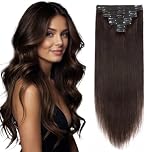 Elailite Real Hair Extensions Clip in Human Hair #2 Dark Brown Double Weft Remy Natural 8 Pieces Extension Thick Full Head Straight - 16 Inch (130 g)