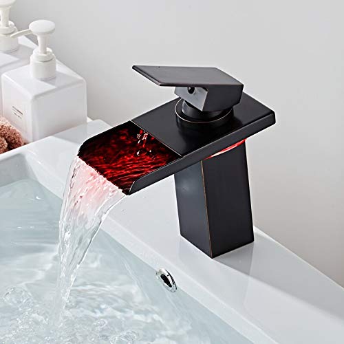 Mélangeur d'évier anti-brûlure LED en laiton noir contre le calcaire de salle de bain