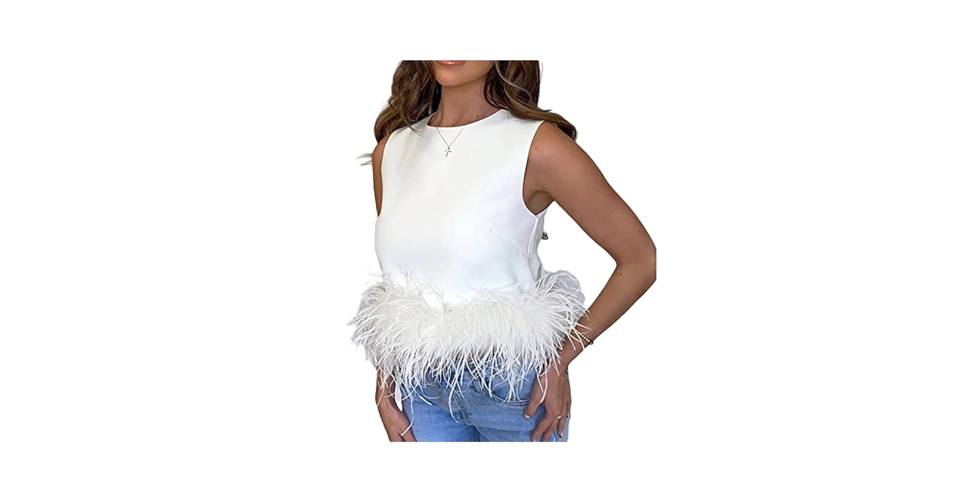 Women Satin Sleeveless Tank Top Feathers Trim Cami Crop Top