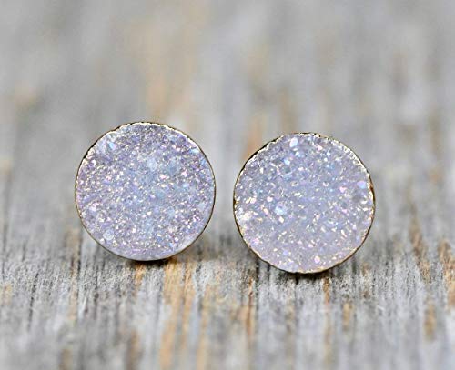 White Lilac Natural Druzy Stud Earrings- Real Genuine Druzy Quartz Gemstone- 8Mm- Women's Jewelry Gift Idea- Stocking Stuffer-Holiday #TOP1