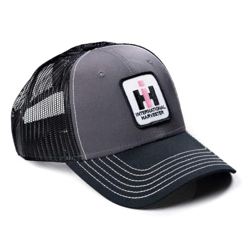J&D Productions, Inc. Ladies' International Harvester IH Hat, Pink IH Logo, Gray hat with Black Mesh Back