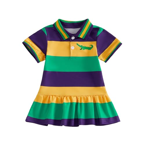 Toddler Little Girls Mardi Gras Dress Crocodile Short Sleeve Striped Lapel Ruffle Dresses Kids Baby Carnival Outfit (Purple 2-3 Years)