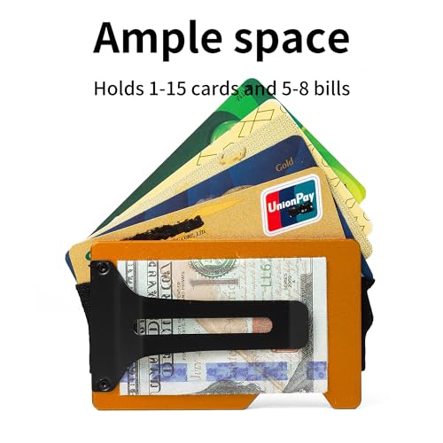 Image of Minimalist Wallet for Men, Slim Metal RFID Blocking Wallet Credit Card Holder Money Clip & Cash Strap, Scratch-Resistant Holds 15 Cards,Ideal Gift for Men | Matte Orange