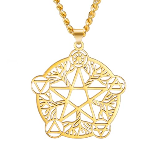 TEAMER Collier Pentagramme Pendentif Arbre de Vie Pendentif Pentacle en Acier Inoxydable Wicca Pagan Bijoux pour Femme (Or)