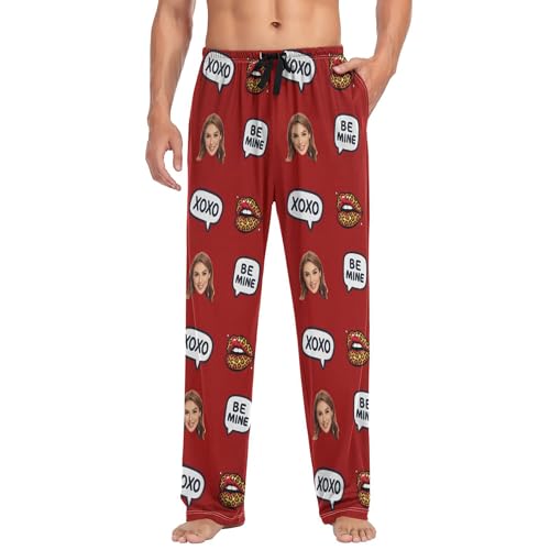 Custom Men's Pajama Pants with Pockets Warm Flannel Sleeping Pants Nightwear Pjs Bottom for Fall Xmas Valentine S Red