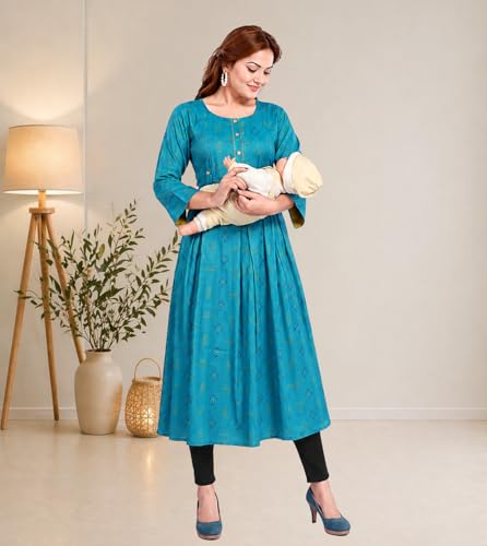 Image of B2F Women's Cotton Rayon A-Line Feeding Kurta Maternity Kurta, Feeding Kurti with Zip