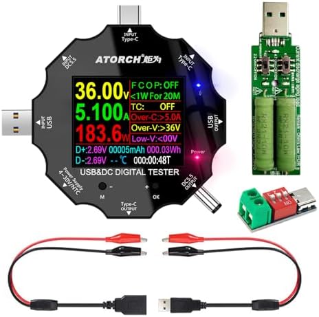 USB C Tester, 3 in 1 Type C DC5.5 USB Meter USB Load Color Screen IPS Digital Multimeter,Voltage,Current,Power,Resistance,Capacity Detector,with Clip Cable Support PD2.0/PD3.0,QC2.0/QC3.0