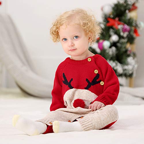 HUAGE Unisex Baby Kersttrui Baby Winter Eendelige Trui Baby Trui Romper Kerst Elanden Jumpsuits Gebreide Rendier Bodysuit Met Knopschakelaar Geschikt Voor 0-24 Maanden Baby Jongens - Afbeelding 3