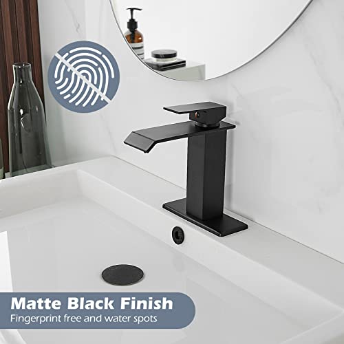 Bwe Black Bathroom Faucet Modern Waterfall Matte Black Bathroom Sink Faucet Single Hole With Pop Up Drain Parts Spout Bath Lavatory Vanity Stopper Overflow And Supply Hose Single Handle #TOP3