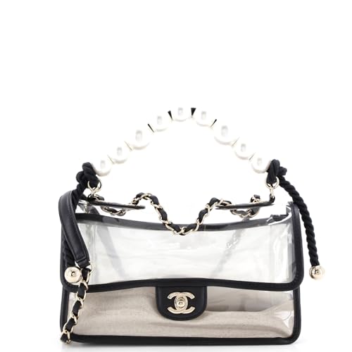 Pre-Loved Sand By The Sea Pearl Flap Bag PVC with Lambskin Medium, Black