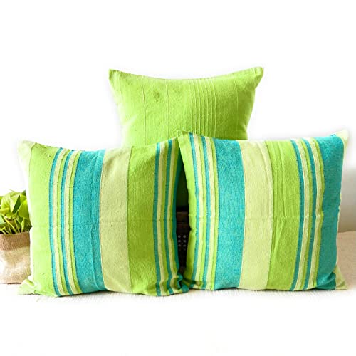 Image of RANGBHAR Handloom Cotton Cushion Covers With Concealed Top Zip, Striped /Solid Cushion Covers For Living Room, 16 X 16 Inch, Green, Pack Of 3, 220 TC