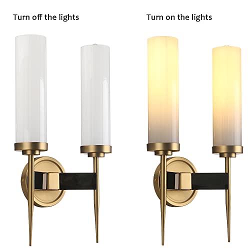 Image of PERMO Vintage Bronze Antique Single Wall Sconce Lighting Fixture with 2.8 inch Cylindrical Clear Glass Shade (1 Head) (2 Heads Milk White Glass Shade)