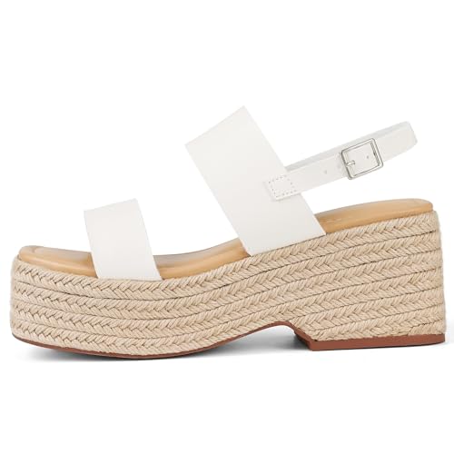 Image of EQAUDES Platform Sandals Women Open Toe Ankle Strap Summer Wedge Espadrille Sandals Cute Beach Straw Raffia Woven Sandals Comfortable Vacation Dress Shoes