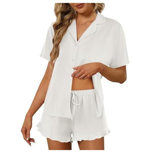 Ekouaer Pajamas Set for Women Short Sleeve Sleepwear Button Down Pjs Lounge Sets Soft Nightwear White Medium