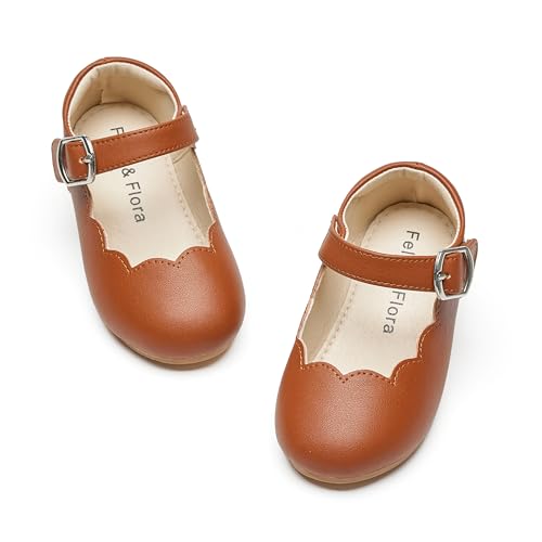 Felix & Flora Girls Toddler Little Ballet Shoes Size 7 - Flower Girls Mary Jane Flats Dress Shoes Party Wedding(Brown,7 Toddler)