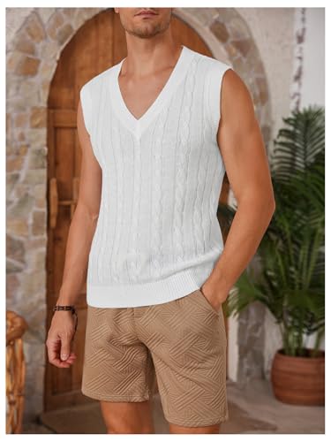 OYOANGLE Men's Cable Knit V Neck Sleeveless Sweater Vests Solid Casual Tank Tops Knitwear4