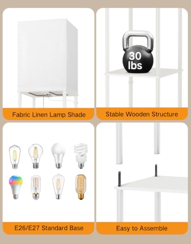 Image of OUTON Floor Lamp with Shelves, Modern Square Standing Shelf Lamp, White | 3 Color Temperature Bulb, Storage Display Wood Column Tall Bookshelf Lamp for Living Room, Bedroom Office