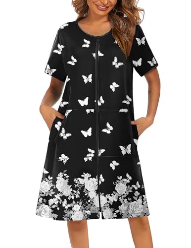 Image of Ekouaer Women Robes Lightweight House Coat Short Sleeve Floral Print Mumu House Dresses with Pockets Zipper Nightgowns