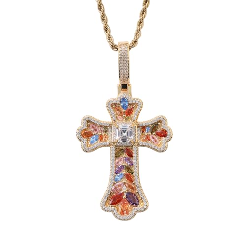 LuxeFlex Gothic Colorful Iced Out Cross Pendant with 20