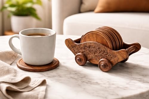 Image of Premium Wooden Coaster Set of 6 for Dining Table, Round Drink Table Coaster, Rustic Boho Indian Home Decor | Housewarming Wedding Gift,