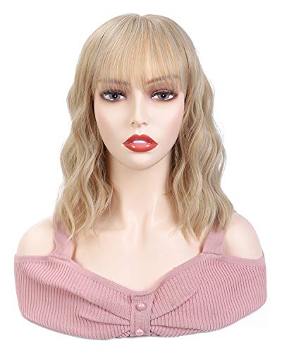 Blonde Wig Colored Wigs for White Women with Bangs Short Curly Bob Wavy Cheap Cosplay Wigs Synthetic Colorful Wig for Daily Party Use 12 Inch Shoulder Length Costume Wigs Alicoco