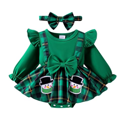 Bebé Niña Navidad Manga Larga Dibujos Animados Impreso Mameluco Recién Nacido Monos Vestido Bowknot Diademas Set, verde, 0-3 meses