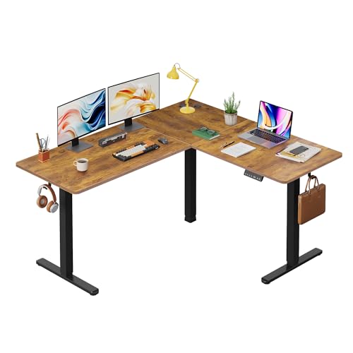 DEVAISE L Shaped Standing Desk Adjustable Height, Dual Motor Electric Corner Standing Desk, 63x55 inch Sit Stand up Home Office Desk with Splice Board, Rustic Brown