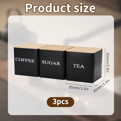 Airtight Canister Set for Tea, Coffee, Sugar, 3Pcs Stackable Square Food Storage Containers Biscuit Tins with Wooden Lids, 600ml Metal Kitchen Storage Jars for Dry Food, Flour, Pasta, Nuts (Black) - Cosy Home Interiors Airtight Canister Set for Tea, Coffee, Sugar, 3Pcs Stackable Square Food Storage Containers Biscuit Tins with Wooden Lids, 600ml Metal Kitchen Storage Jars for Dry Food, Flour, Pasta, Nuts (Black) - Image 2