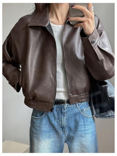 Women's Y2K Faux Leather Jacket Zip Up Crop Bomber Jacket Going Out Motor Bike Motorcycle Coat Streetwear with Pocket4