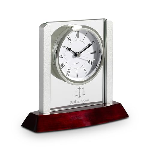 Executive Gift Shoppe | Prestige Collection Lawyer Theme Personalized Rosewood, Glass & Steel Desktop Clock
