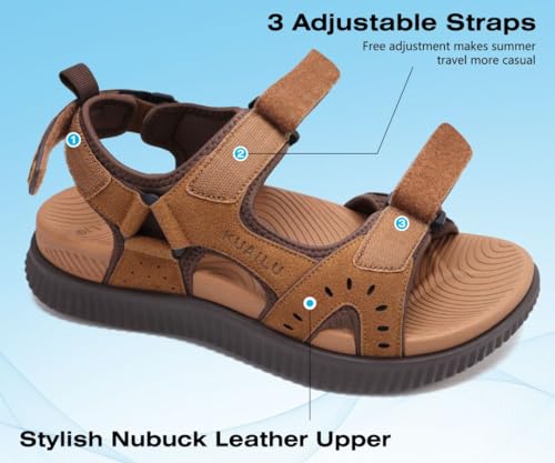 KuaiLu Mens Leather Hiking Sandals with Arch Support Orthopedic Sport Recovery Athletic Walking Sandals For Man Outdoor Summer Casual Thick Cushion Beach Water Fisherman Sandal, size 10 Khaki - Image 2
