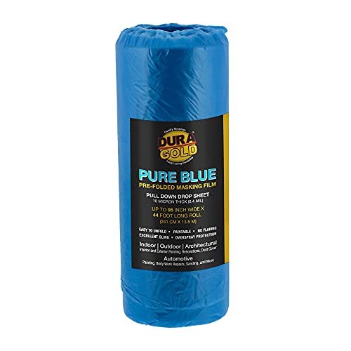 Dura-Gold 95" x 44' Pure Blue Pre-Folded Masking Film - Painters Plastic Roll (0.4 Mil) Pull Down Drop Sheet, Pre-Folded Plastic Sheeting for Painting Protection on Auto, Walls, Furniture